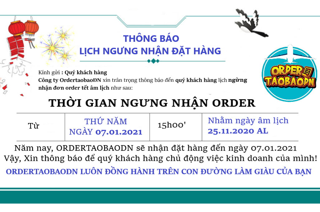 THÔNG BÁO LỊCH NGƯNG NHẬN ĐƠN ĐẶT HÀNG