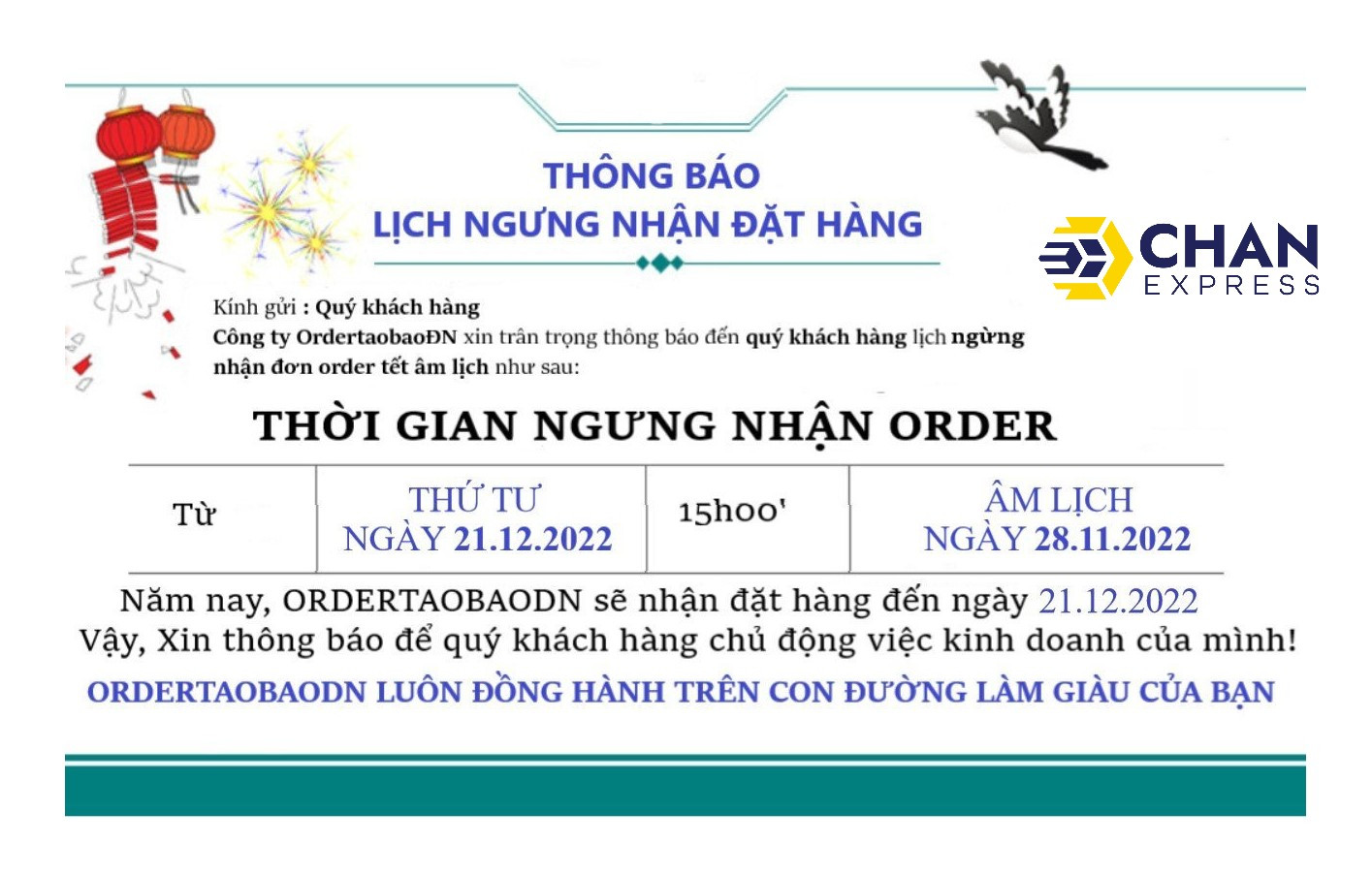 THÔNG BÁO LỊCH NGƯNG NHẬN ĐƠN HÀNG TRƯỚC TẾT 2023