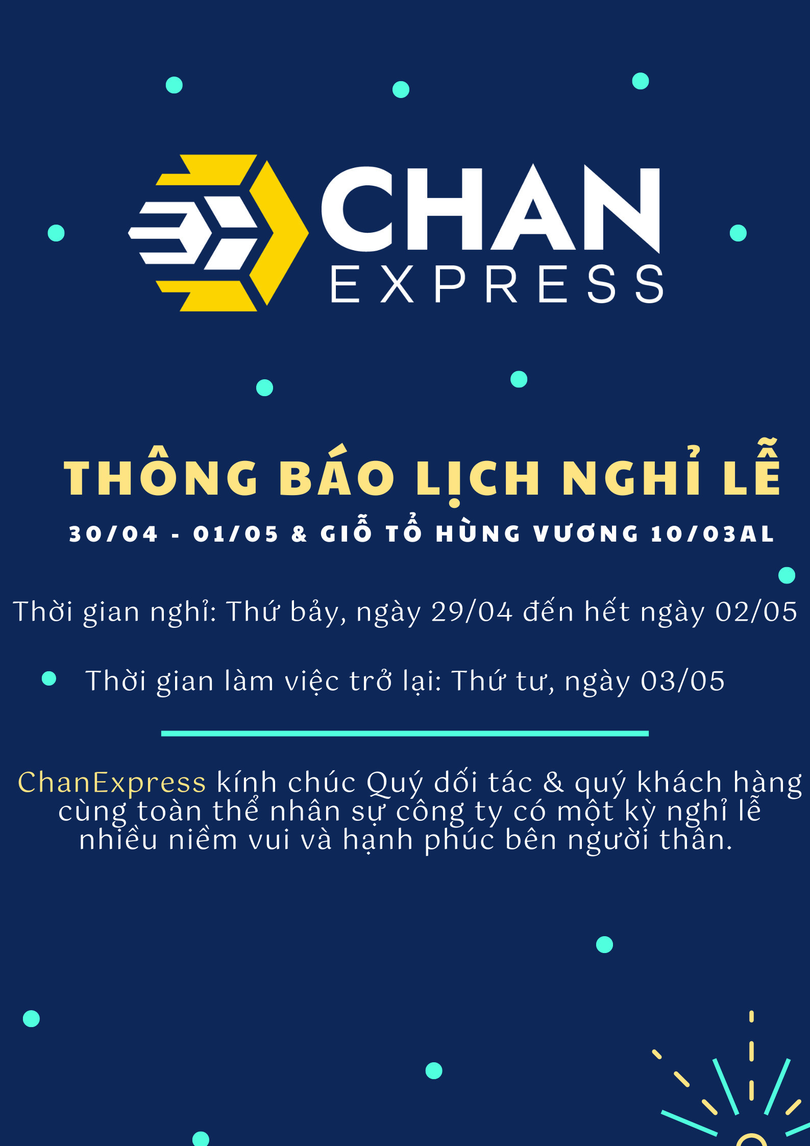 THÔNG BÁO NGHỈ LỄ 30/4 - 01/5 VÀ GIỖ TỔ HÙNG VƯƠNG 10/3 ÂL