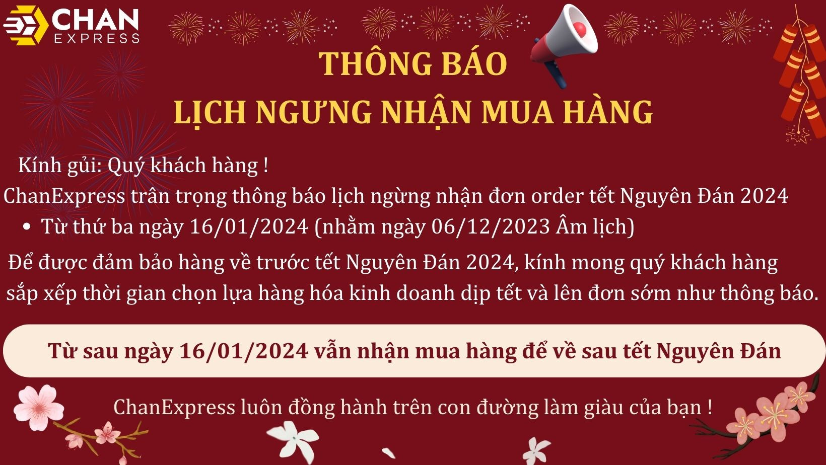 THÔNG BÁO LỊCH NGƯNG NHẬN ĐƠN HÀNG TRƯỚC TẾT NGUYÊN ĐÁN 2024