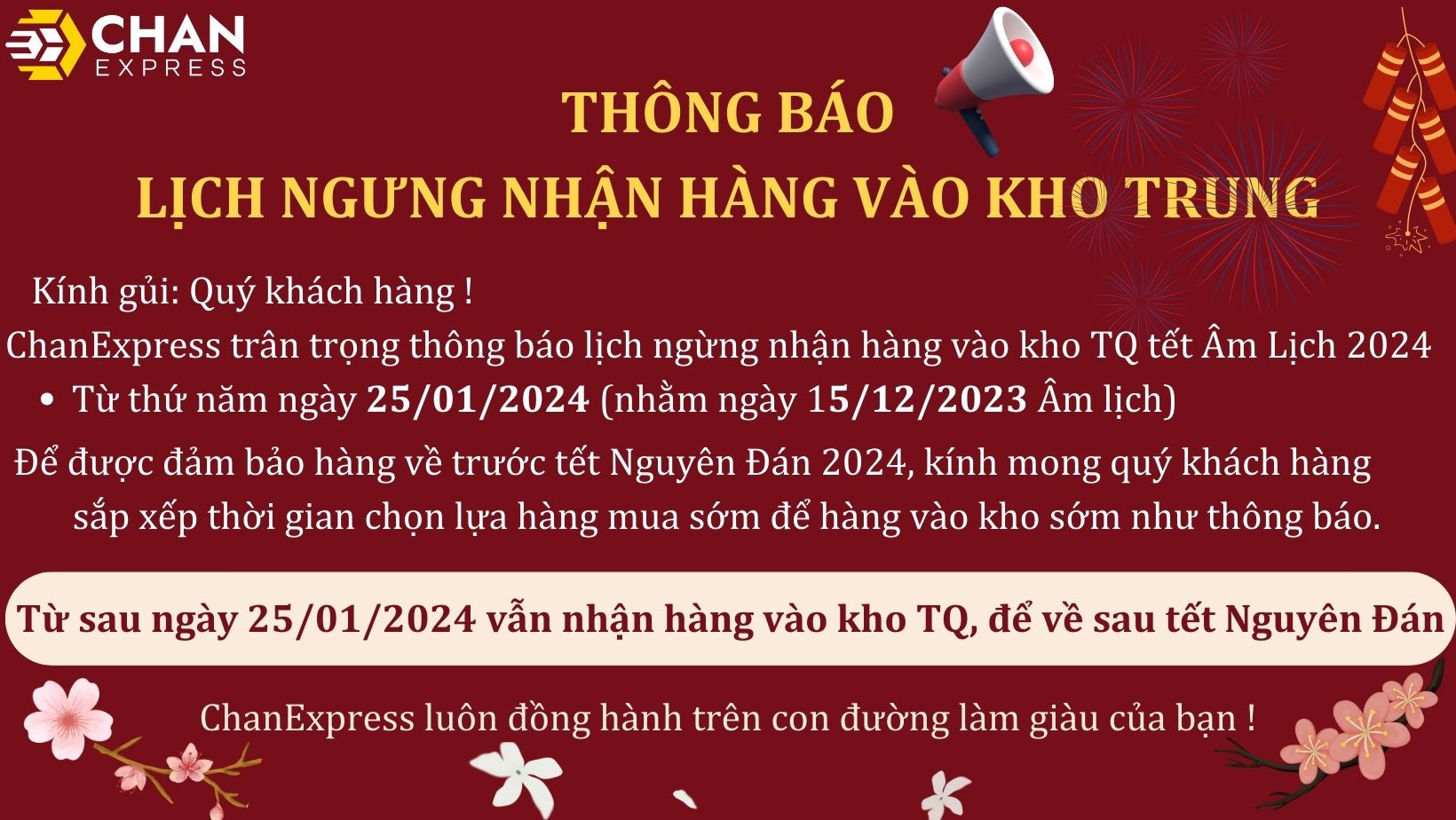 THÔNG BÁO LỊCH NGƯNG NHẬN HÀNG VÀO KHO TRUNG TRƯỚC TẾT NGUYÊN ĐÁN 2024